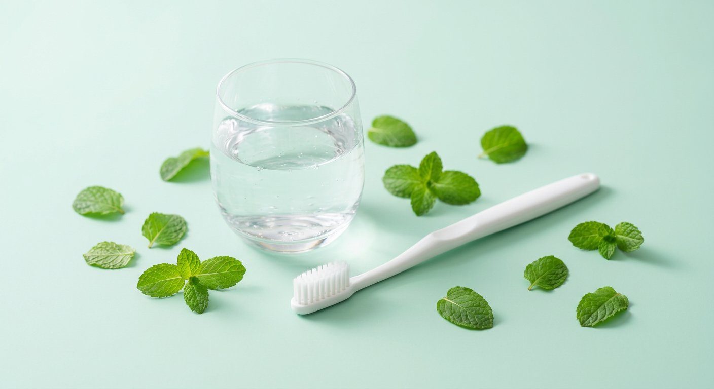 A white toothbrush and fresh mint leaves beside a glass of water on a pale mint background