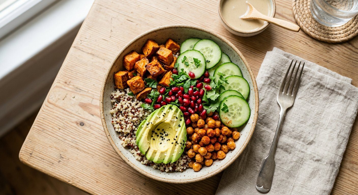 A colorful nourish bowl with quinoa, roasted sweet potato, avocado and chickpeas