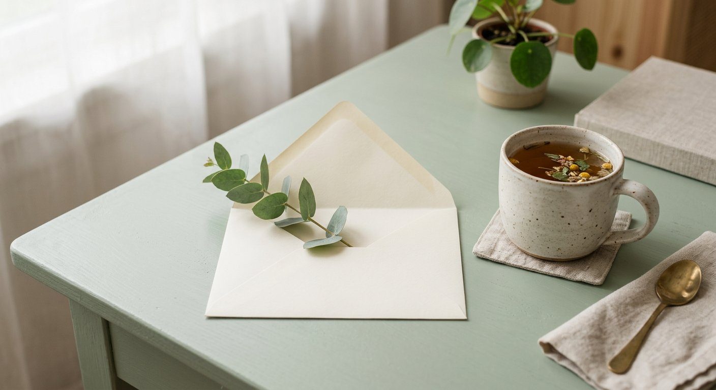 An open cream envelope with fresh eucalyptus and a cup of tea on a sage desk